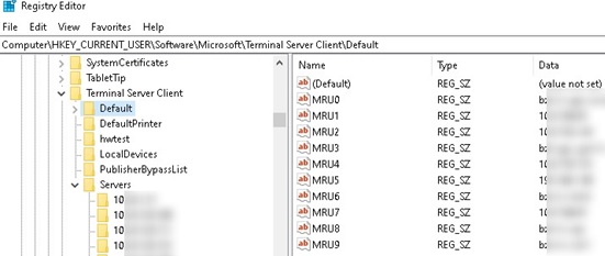 mstsc rdp client history in windows registry