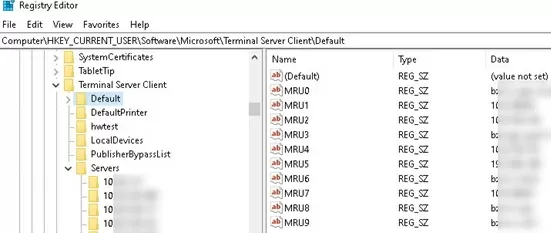mstsc rdp client history in windows registry