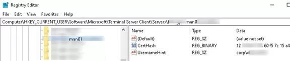 rdp history in registry: saved host and username