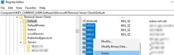 remove recent rdp entires from registry