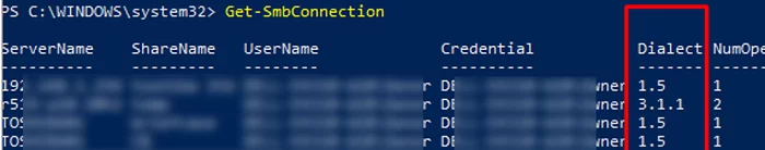 How to find out what SMB dialect is in use using Get-SmbConnection cmdlet