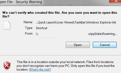open file security warning when opening shortcut on folders redirected