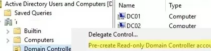 pre create read only dc in active directory