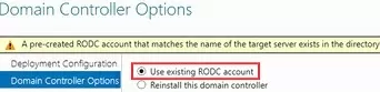 use existing rodc account when deploying new domain controller