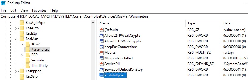 AllowL2TPWeakCrypto and ProhibitIpSec for l2tp ipsec vpn connection behind a NAT on Windows
