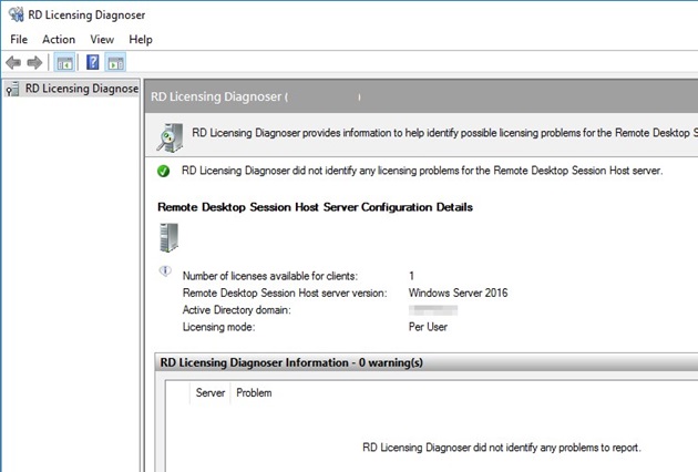 RD Licensing Diagnoser did not identify any licensing problems for the Remote Desktop Session Host server