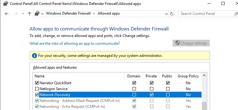 enable Network Discovery on windows 10 defender firewall