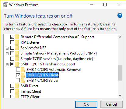 enable SMB 1.0/CIFS Client windows 10 1803