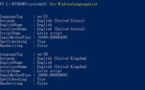 Get-WinUserLanguageList - list installed languages in windows 10