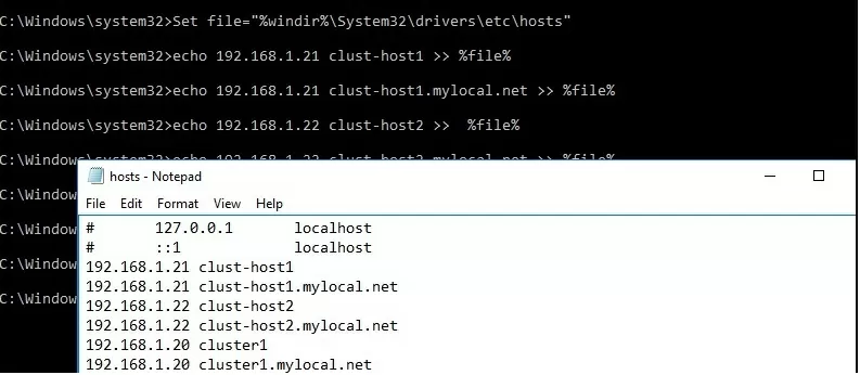 hosts file with cluster nodes addresses