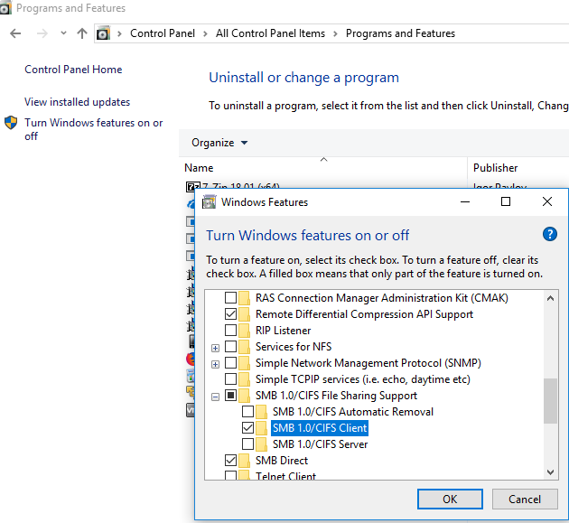 install SMB 1.0 / CIFS Client in WIndows 10 1709 /1803