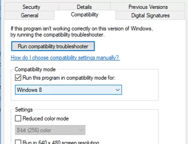 windows 10 1803 run executables from network folder in compatibility mode for Windows 8