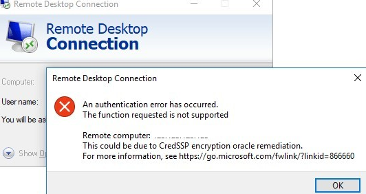 windows 10 rdp error CredSSP encryption oracle remediation