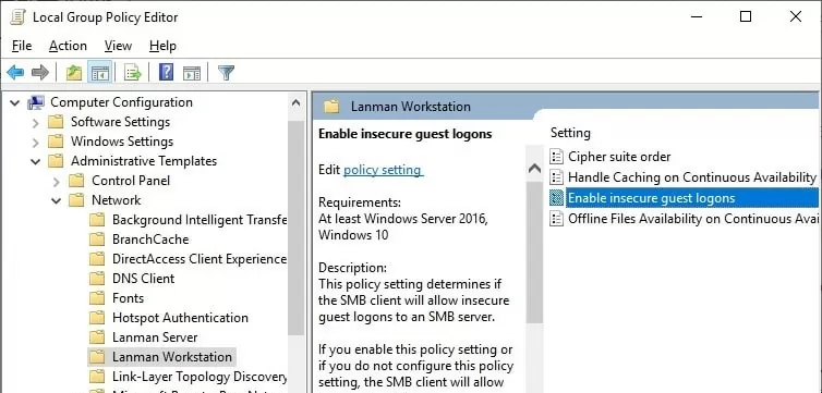 windows 10 Enable insecure guest logons policy 