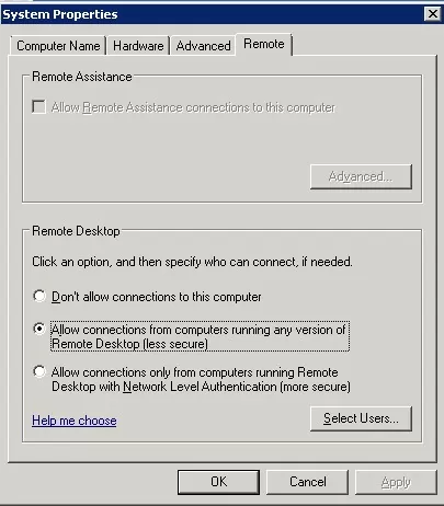 windows 7 / server 2008r2 disable nla for rdp connection