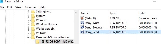 RemovableStorageDevices set USB write and execute restrictions via registry