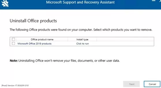 Microsoft SaRA (Microsoft Support and Recovery Assistant) unisntall office suite products