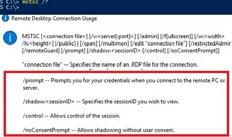 mstsc.exe - rdp shadow connection options on windows 10