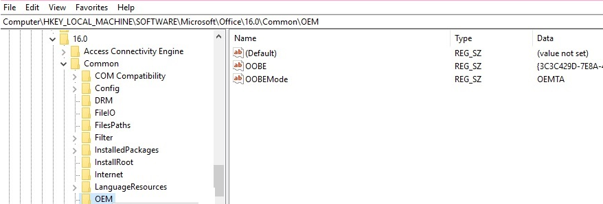 removing key hklm\SOFTWARE\Wow6432Node\Microsoft\Office\16.0\Common\OEM