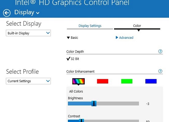 screen brightness in intel hd graphics display control panel