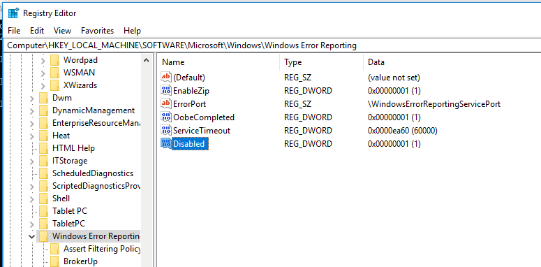 disable Windows Error Reporting in windows 10 via registry