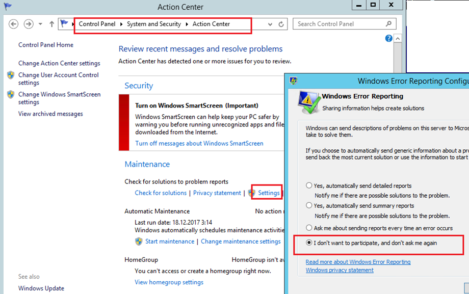 disable windows error reporting - windows server 2012r2