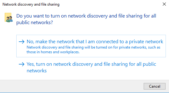 Do you want to turn on network discovery and file sharing