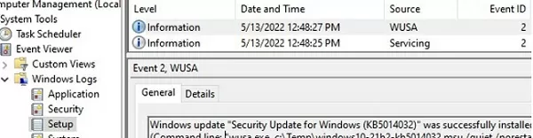 event viewer: wusa eventid 2 update installed successfully