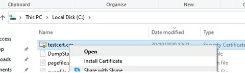 install certificate with file explorer on windows 10