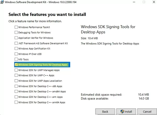 install windows sdk signing tools