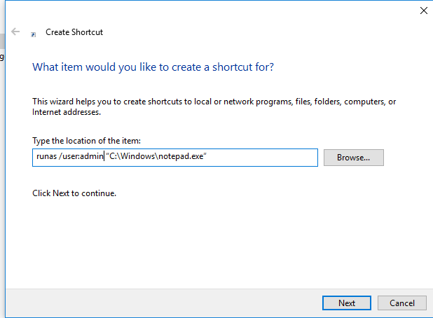 shortcut with runas command