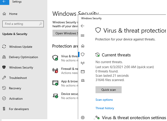Windows Defender GUI - virus and threat protection on Windows Server 2019