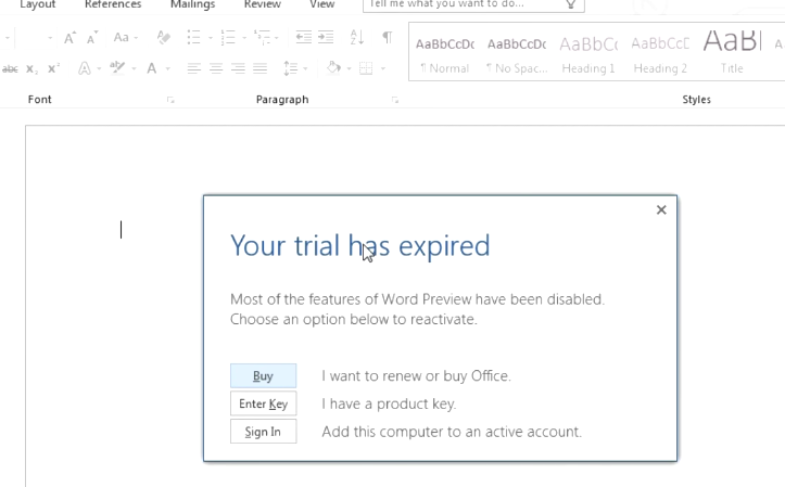 your trial has expired office 2016 / 365