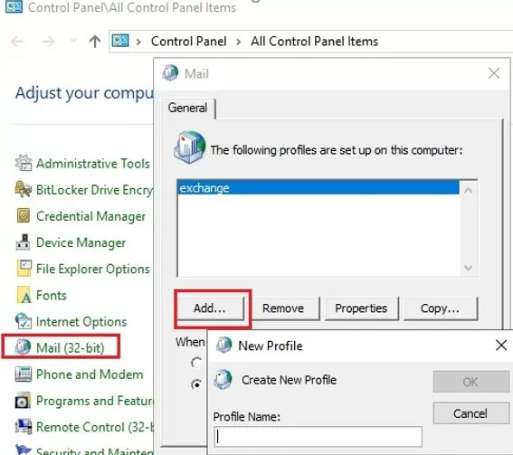 re-create outlook profile using mail app