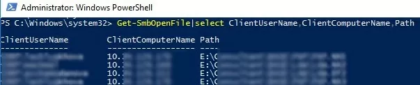 powershell: list smb open files with usernames