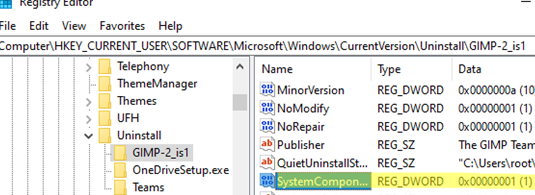 Registry parameter SystemComponent = 1 and Installed Software