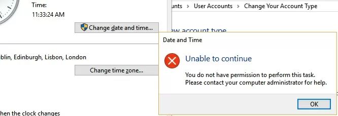 cant change time zone on windows 10 and windows server 2019 Unable to continue. You do not have permission to perform this task