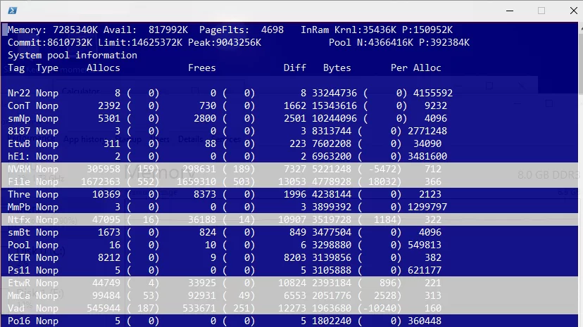 Check non-paged pool usage with PoolMon.exe tool