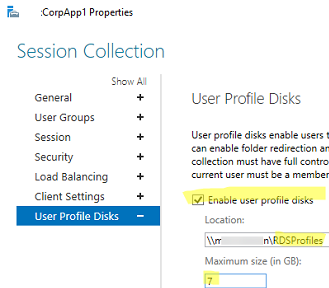 Enable User Profile Disk in RDS Storage
