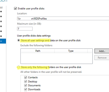Exclude/include specific folder to a user profile disk in RDS collection