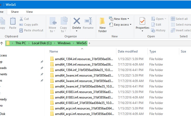 list of files in winsxs on windows 10