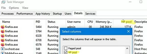 show non-paged pool in task manager for processes 