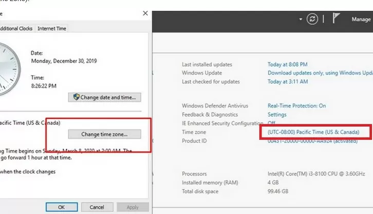 windows server manager 2019 change time zone