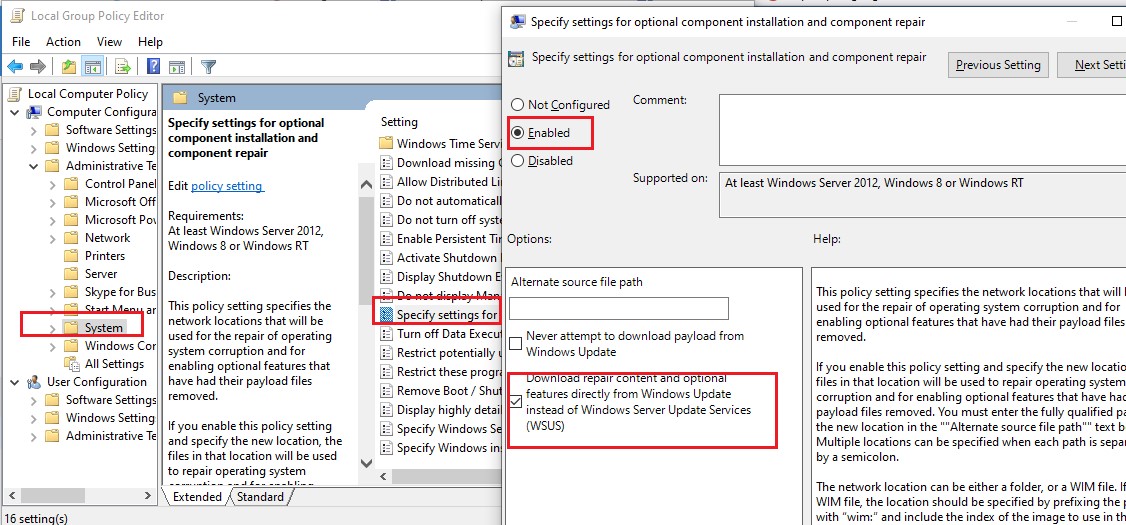 windows 10 1903 policy Specify settings for optional component installation and component repair, and check the option Download repair content and optional features directly from Windows Updates instead of Windows Server Updates Services (WSUS)