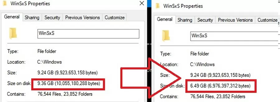how to saves pace on winsxs folder on windows 10?