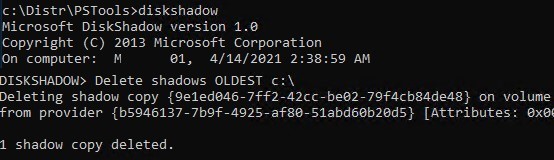 diskshadow delete oldest shadow copy on Windows Server 2019