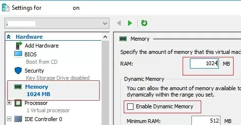 hyper-v vm: increase allocated memory and disable dynamic RAM
