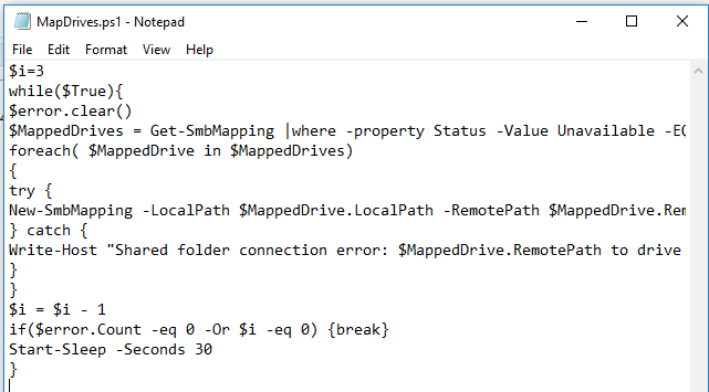 MapDrives.ps1: powershell script to reconnect mapped drives