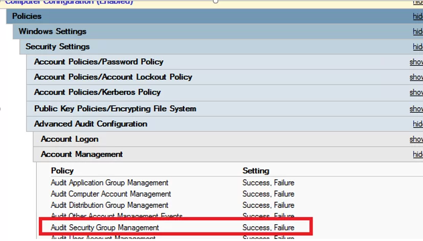 Audit Security Group Management - domain controller policy