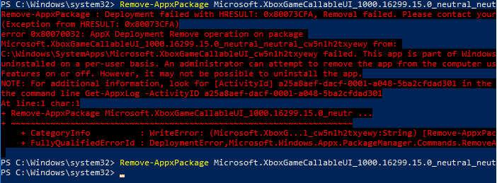 Remove-AppxPackage without 0x80073CFA error